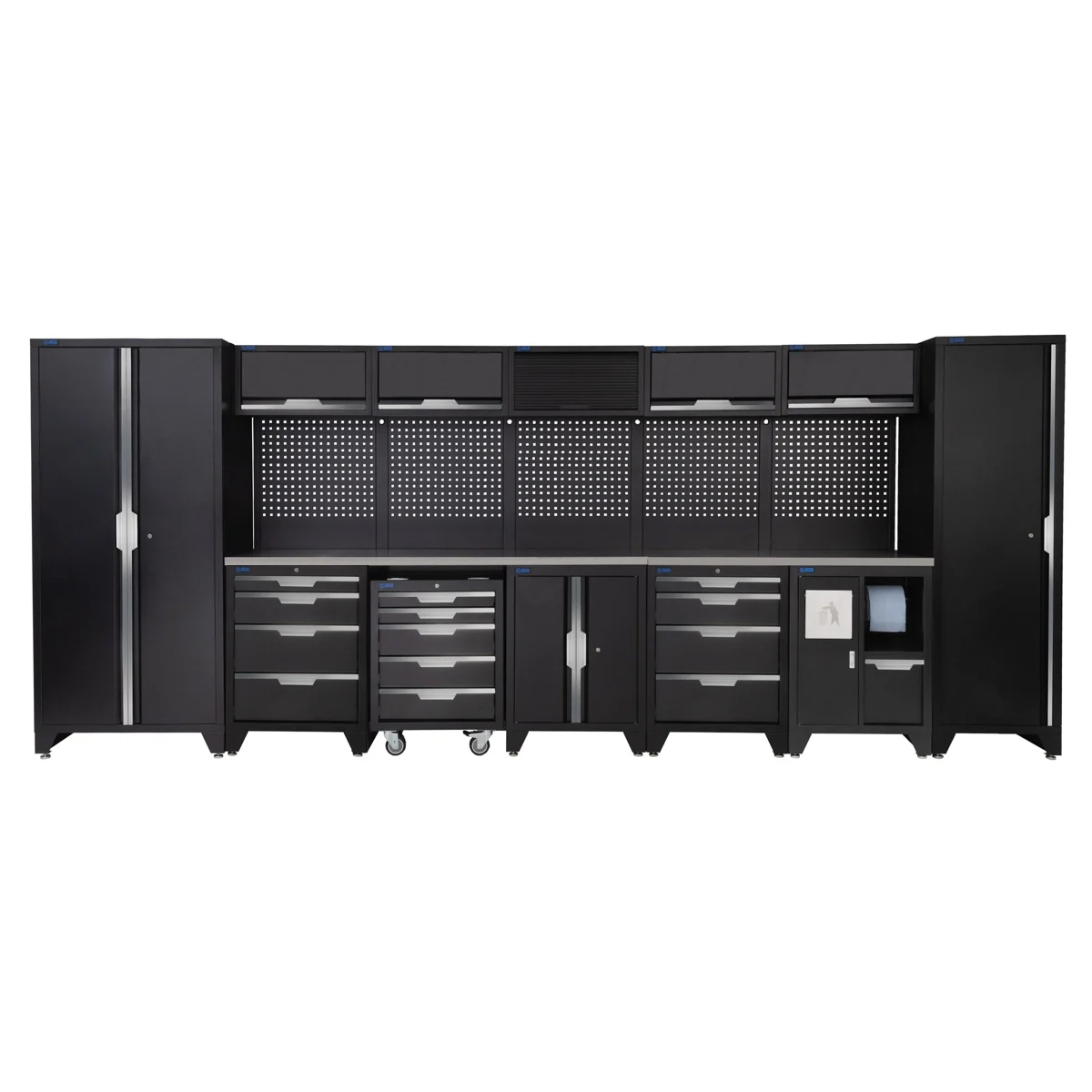 SGS 17pc Garage Storage System | 13 Drawers | Stainless Steel Worktop | Tall Single & Double Cabinets | Bin Unit | Floor Cabinet | Mobile Cabinet | 5x Upper Cabinets